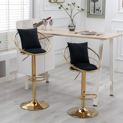 Velvet Bar Chair, Pure Gold Plated, Unique Design, 360 Degree Rotation, Adjustable Height, Suitable For Dining Room And Bar, (Set of 2) - Black