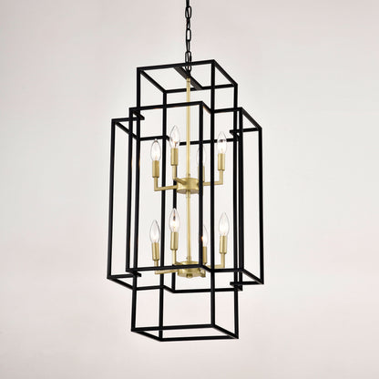 8 Light Metal Lantern Tiered Pendant Hanging Light Fixtures, Industrial Farmhouse Adjustable Height Chandeliers For Dining Room Hallway Foyer Entryway (E12 Bulbs Not Included) - Matte Black / Gold