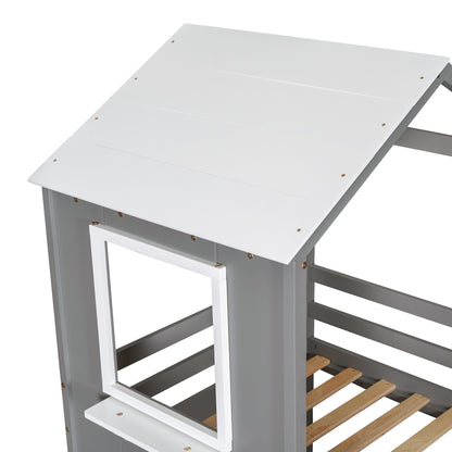 Twin Over Twin Bunk Bed With Roof, Window, Guardrail, Ladder - White