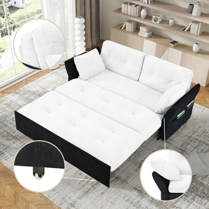 Modern Convertible Sleeper Sofa Bed With Pull Out Queen Design, Side Storage & Thick Cushions Chenille Loveseat For Living Room Or Bedroom 3 In 1 Function - - White