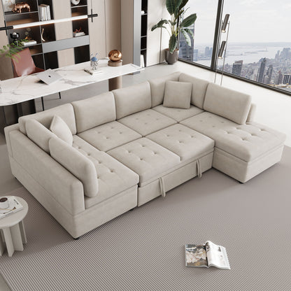 Oversized Sectional Sofa U-Shaped Sofa Couch Pull-Out Sofa Bed With Two Throw Pillows For Living Room - Beige