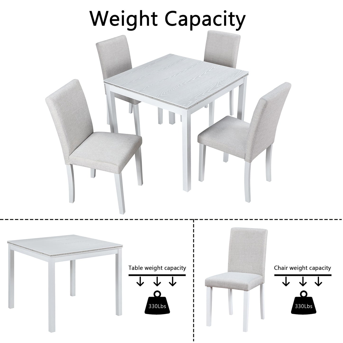 5 Piece Wooden Dining Table Set, Kitchen Table Set With 4 Upholstered Chairs, Wooden Table With Crystal Decoration And Chairs Set For Kitchen, Dining Room - White