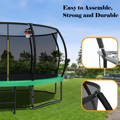 12Ft Recreational Kids Trampoline With Safety Enclosure Net & Ladder, Outdoor Recreational Trampolines - Green