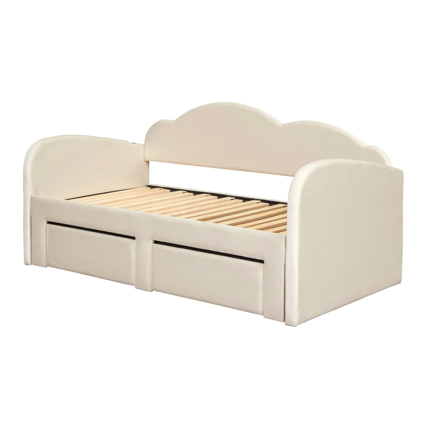 Twin Size Upholstered Daybed With Cloud-Shaped Backrest, Trundle & 2 Drawers And USB Ports - Beige