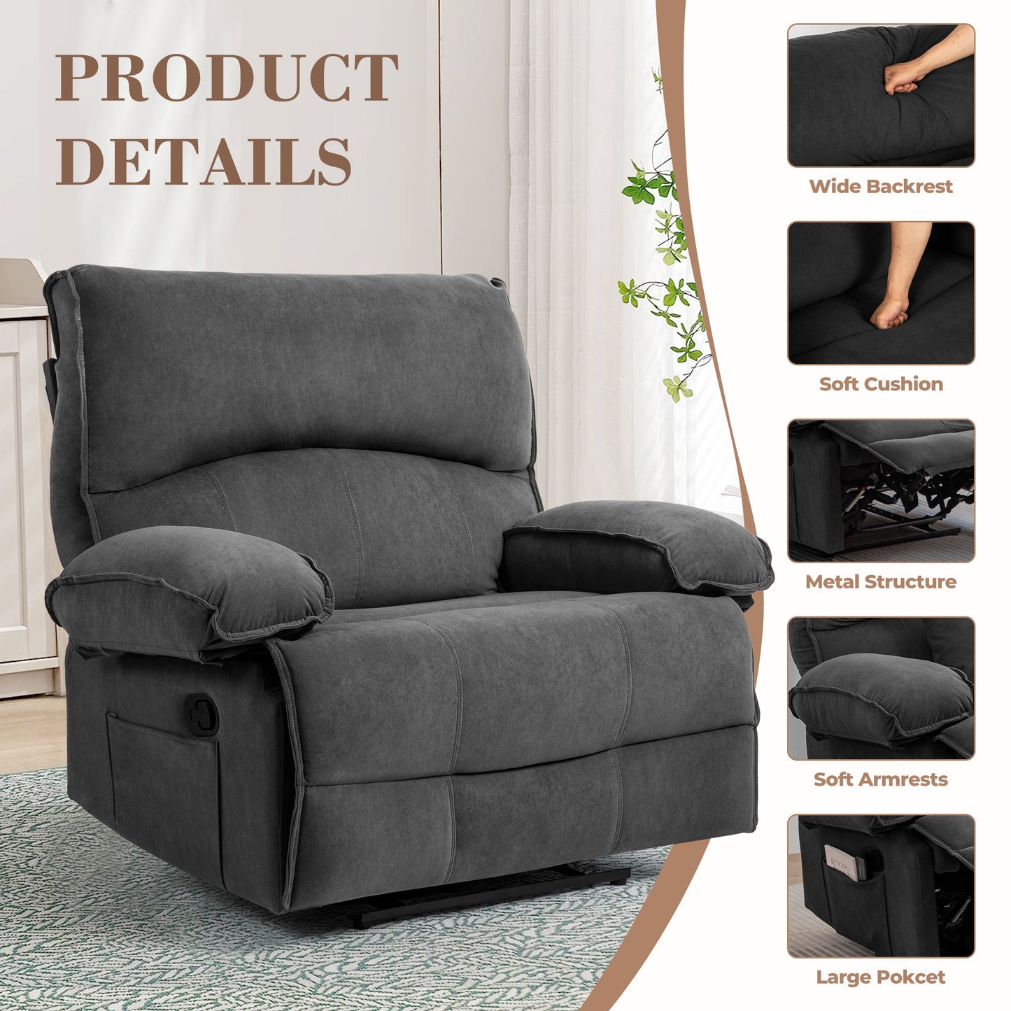 Oversized Manual Recliner Chair Sofa For Living Room - Gray