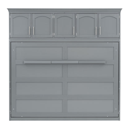 Queen Size Murphy Modern Bed With Top Cabinets For Space Saving And Comfort - Gray