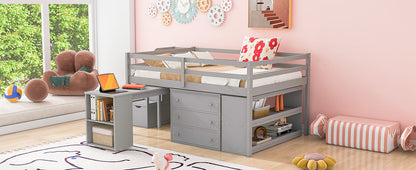 Full Size Loft Bed With Retractable Writing Desk And 3 Drawers With Storage Stairs And Shelves - Gray