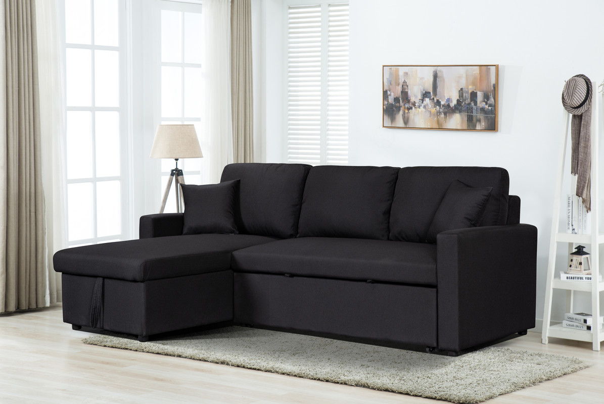 Paisley - Linen Fabric Reversible Sleeper Sectional Sofa With Storage Chaise - Black
