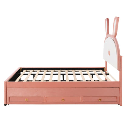 Full Size Upholstered Platform Bed With Trundle And 3 Drawers, Rabbit-Shaped Headboard With Embedded LED Lights - Pink