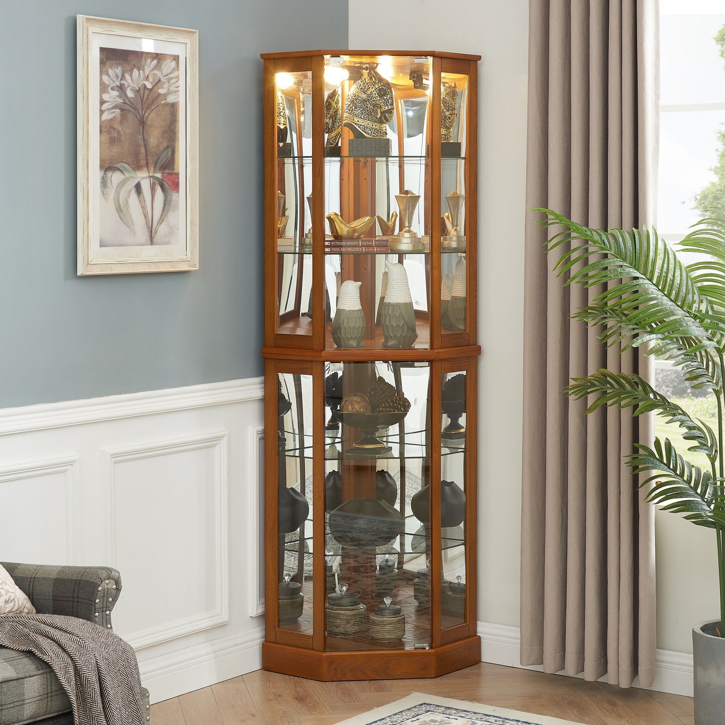 6 Shelf Corner Curio Display Cabinet With Lights, Mirrors And Adjustable Shelves (E26 Light Bulb Not Included) - Oak