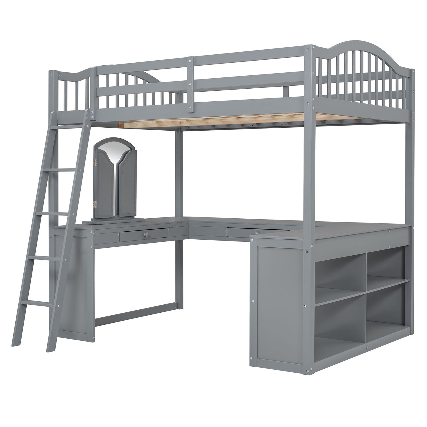 Full Loft Bed With U Shaped Desk, Storage Compartments And Tri Fold Mirror - Gray