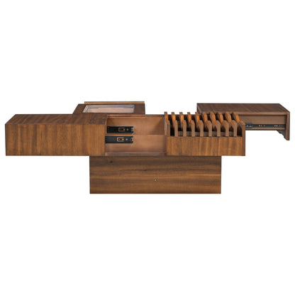 Mid Century Modern Coffee Table, Unique Square Wooden Coffee Table With 3 Drawers, Tempered Glass And Solid Wood Legs For Living Room - Brown