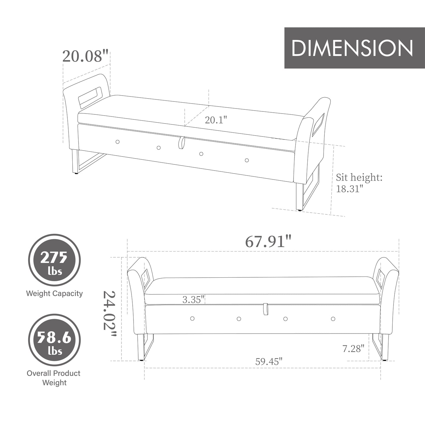 Wide Storage Soft Ottoman Bench With Armrests, Footrest Bed End Stool For Living Room, Dorm, Entryway And Bedroom - Beige - Beige