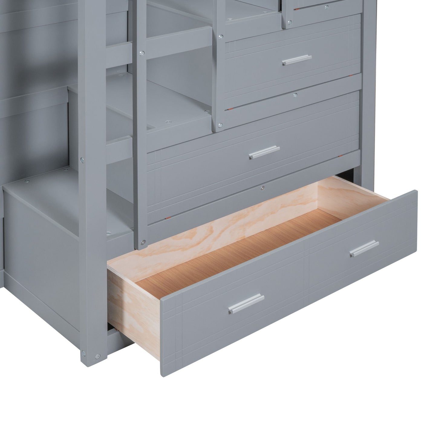 Full Over Full Bunk Bed With Twin Size Trundle And Staircase - Gray