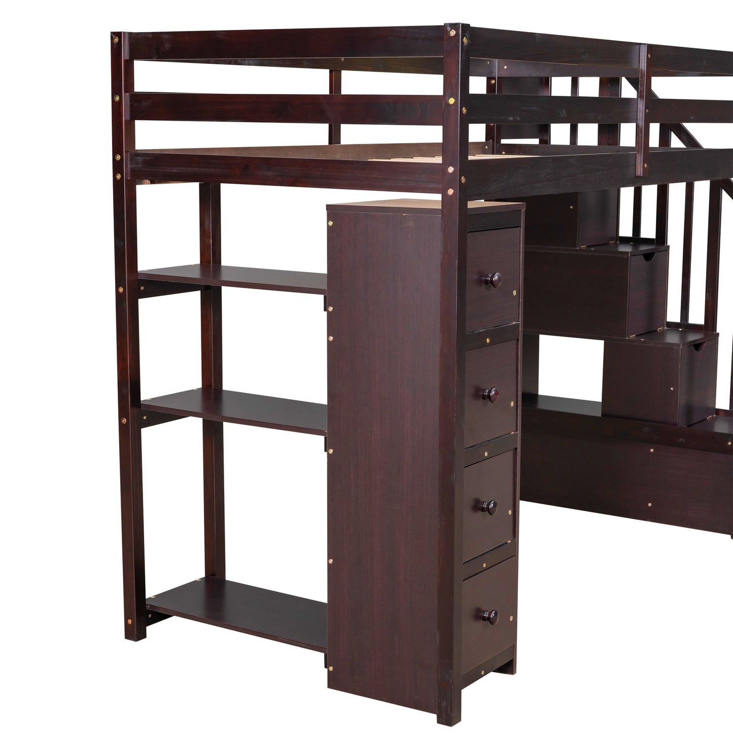 Twin Size Loft Bed With Storage Drawers And Stairs With Shelves - Espresso