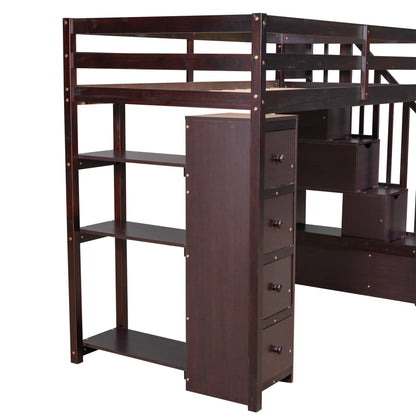 Twin Size Loft Bed With Storage Drawers And Stairs With Shelves - Espresso