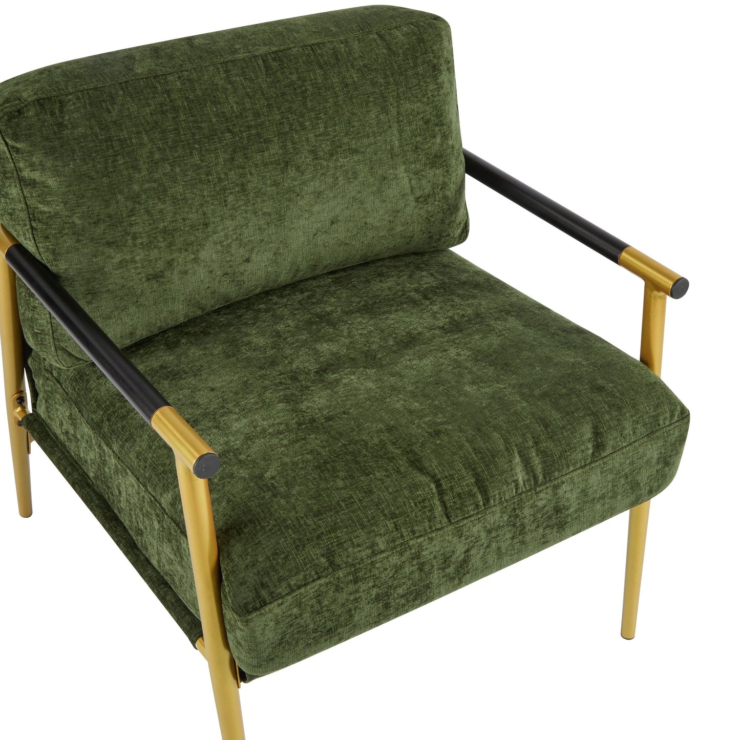 Modern Accent Chair With Plush Cushions, Minimalist Metal Frame, & Wooden Armrest Design - Gold / Green