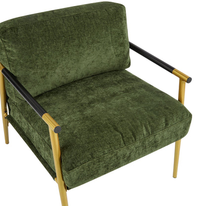 Modern Accent Chair With Plush Cushions, Minimalist Metal Frame, & Wooden Armrest Design - Gold / Green