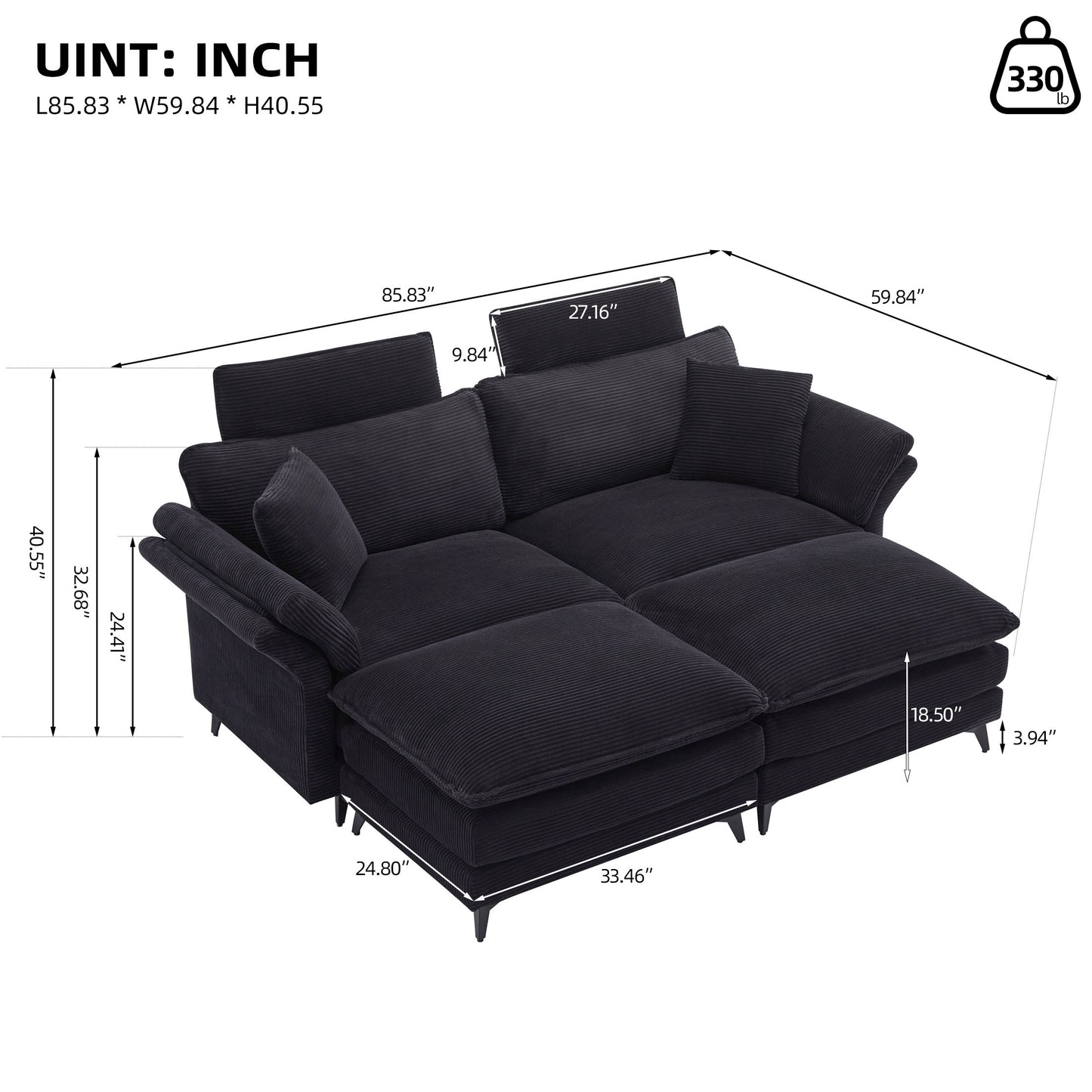 Modern Corduroy, Deep Seat Sectional Sofa With Ottomans, Comfortable Cloud Sofa - Black