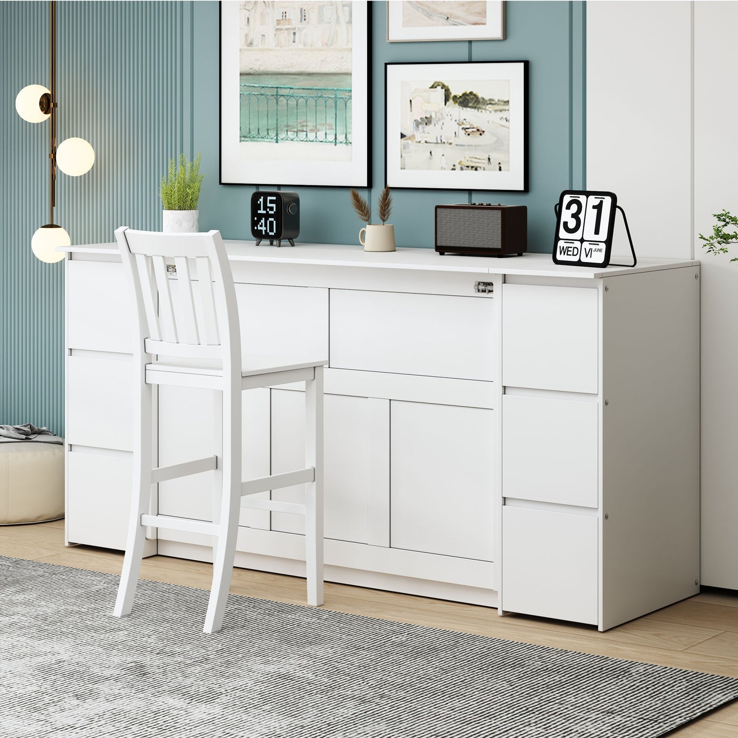 Full Size Murphy Bed With Drawers, Cabinets And USB Ports - White