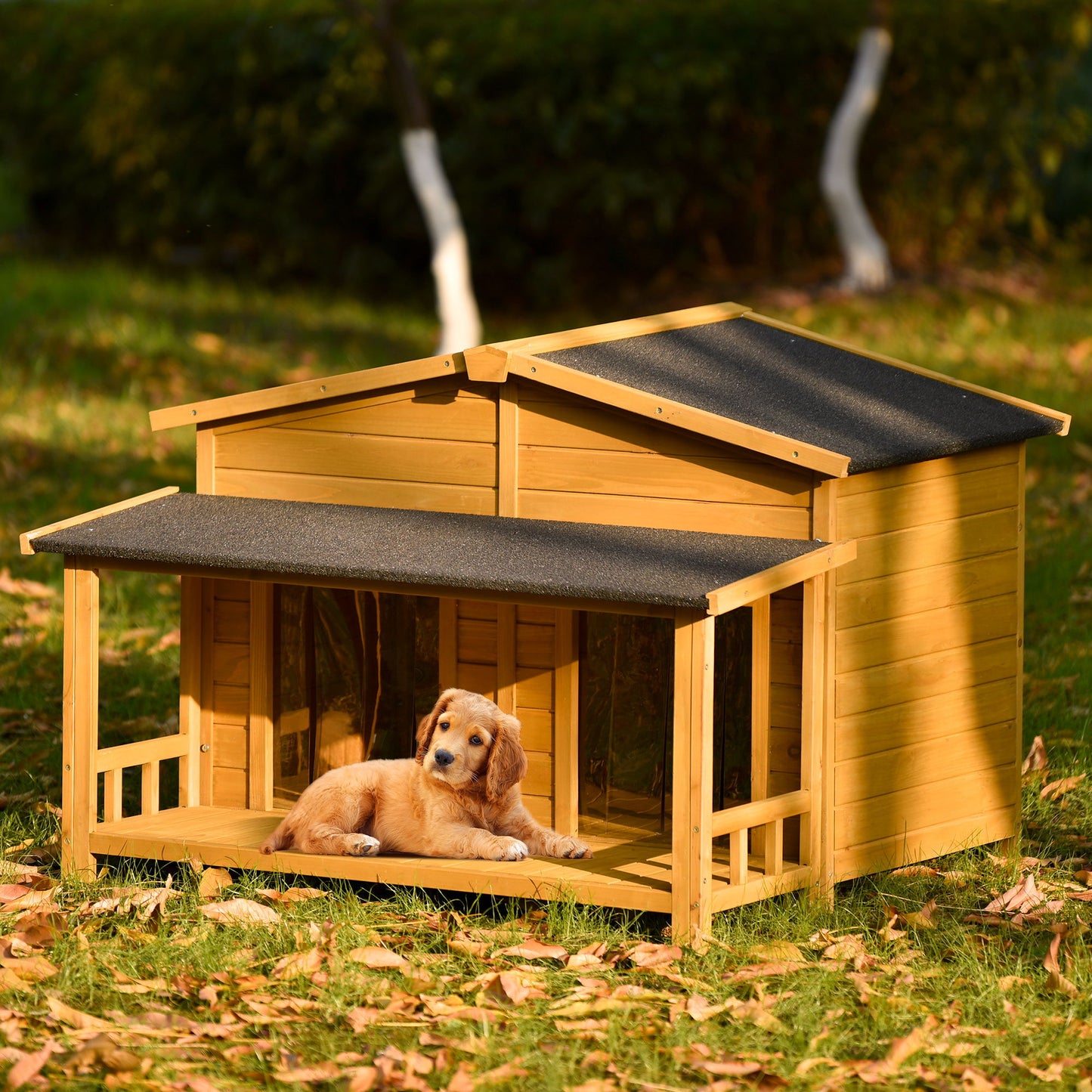 Large Wooden Dog House Outdoor / Indoor Dog Crate, Cabin Style, With Porch, 2 Doors - Natural