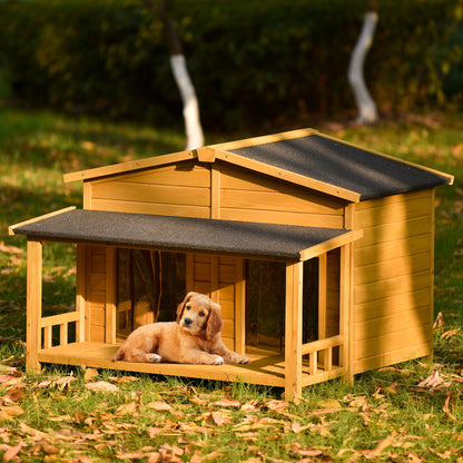 Large Wooden Dog House Outdoor / Indoor Dog Crate, Cabin Style, With Porch, 2 Doors - Natural