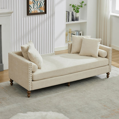 Chenille Upholstered Chaise Lounge With Nailheads, Sleeper Sofa Couch With 4 Throw Pillows & 2 Bolsters, Daybed With Rubberwood Legs - Beige