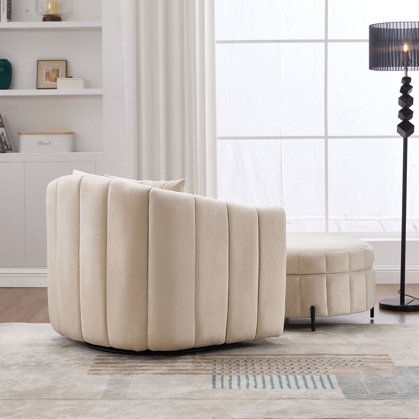 Oversized Swivel Barrel Accent Chair And Ottoman Set With Storage - Beige