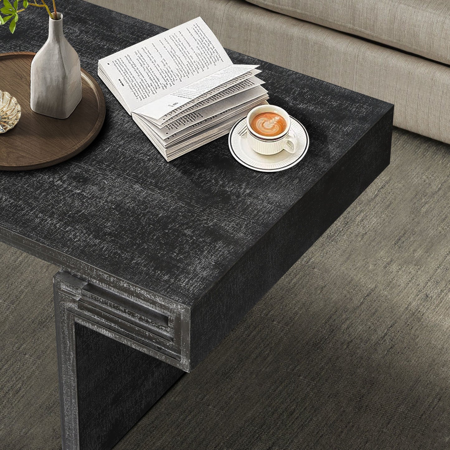 American Vintage Industrial Coffee Table, Premium Reclaimed Wood Texture, Double Tier Structure - Antique Black