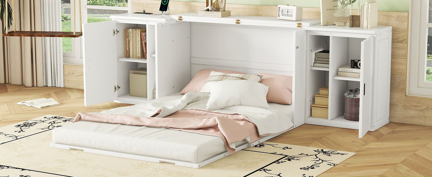 Full Size Murphy Bed With Shelves, Cabinets And USB Ports - White