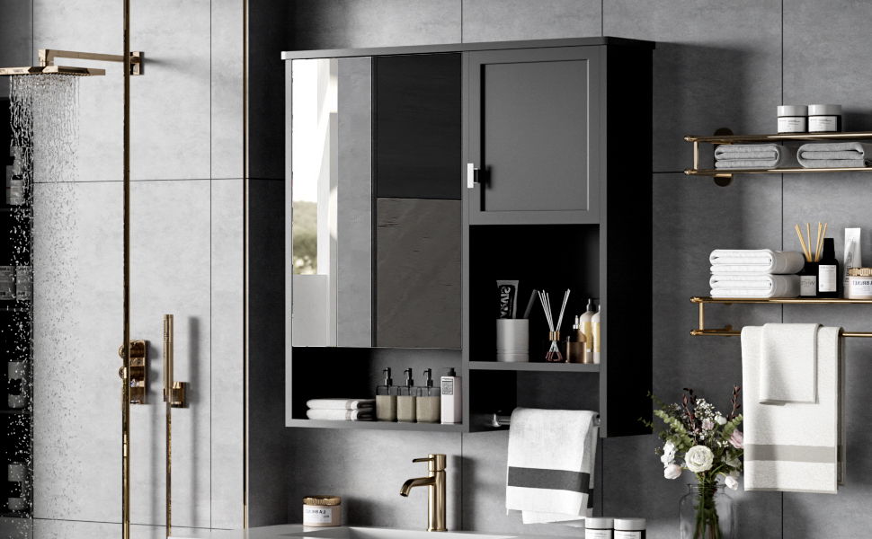 Modern Wall Mounted Bathroom Medicine Cabinet, Bathroom Wall Storage Cabinet With Mirror, Over The Toilet Space Saver Cabinet With Towels Bar - Black