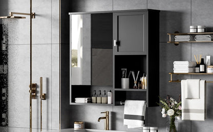 Modern Wall Mounted Bathroom Medicine Cabinet, Bathroom Wall Storage Cabinet With Mirror, Over The Toilet Space Saver Cabinet With Towels Bar - Black