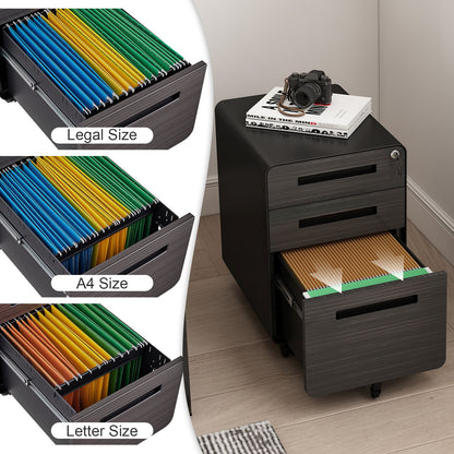 3 Drawer Mobile File Cabinet Under Desk Office, Simple Style Versatile Storage Cabinet, 5 Wheel Design Anti-Tilting Cold Rolled Steel Waterproof Moisture-Proof - Black