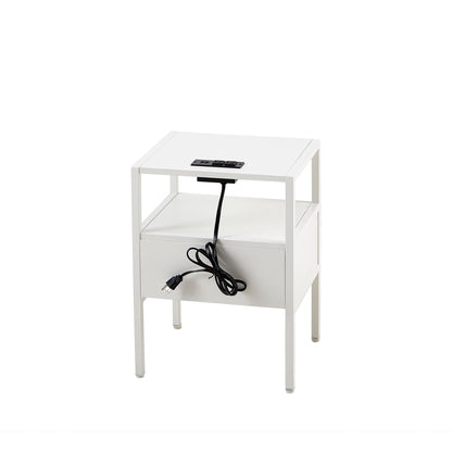 Rattan End Table With Power Outlet & USB Ports, Modern Nightstand With Drawer And Metal Legs, Side Table For Living Room, Bedroom (Set of 2) - White