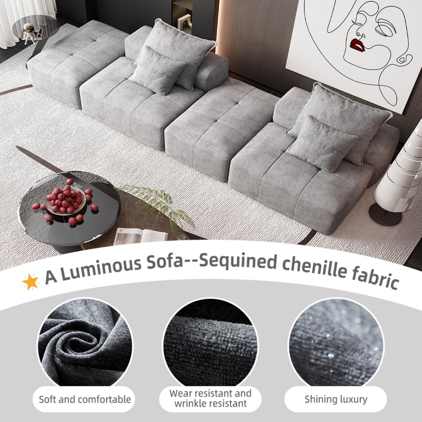 Modern Oversized Modular Sectional Sofa With 2 Ottoman And 2 Seat, Sparkling Chenille Fabric Soft Cushion Sofa With 4 Pillows, 4 Pieces Diy Combination Tufted Sofa, No Assembly Required - Gray