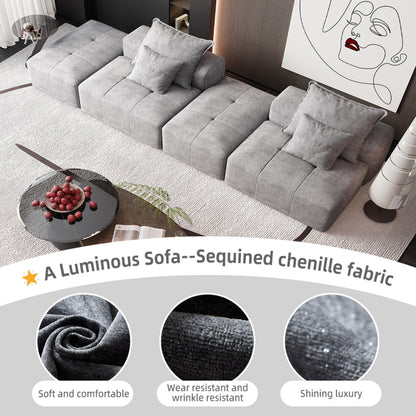 Modern Oversized Modular Sectional Sofa With 2 Ottoman And 2 Seat, Sparkling Chenille Fabric Soft Cushion Sofa With 4 Pillows, 4 Pieces Diy Combination Tufted Sofa, No Assembly Required - Gray