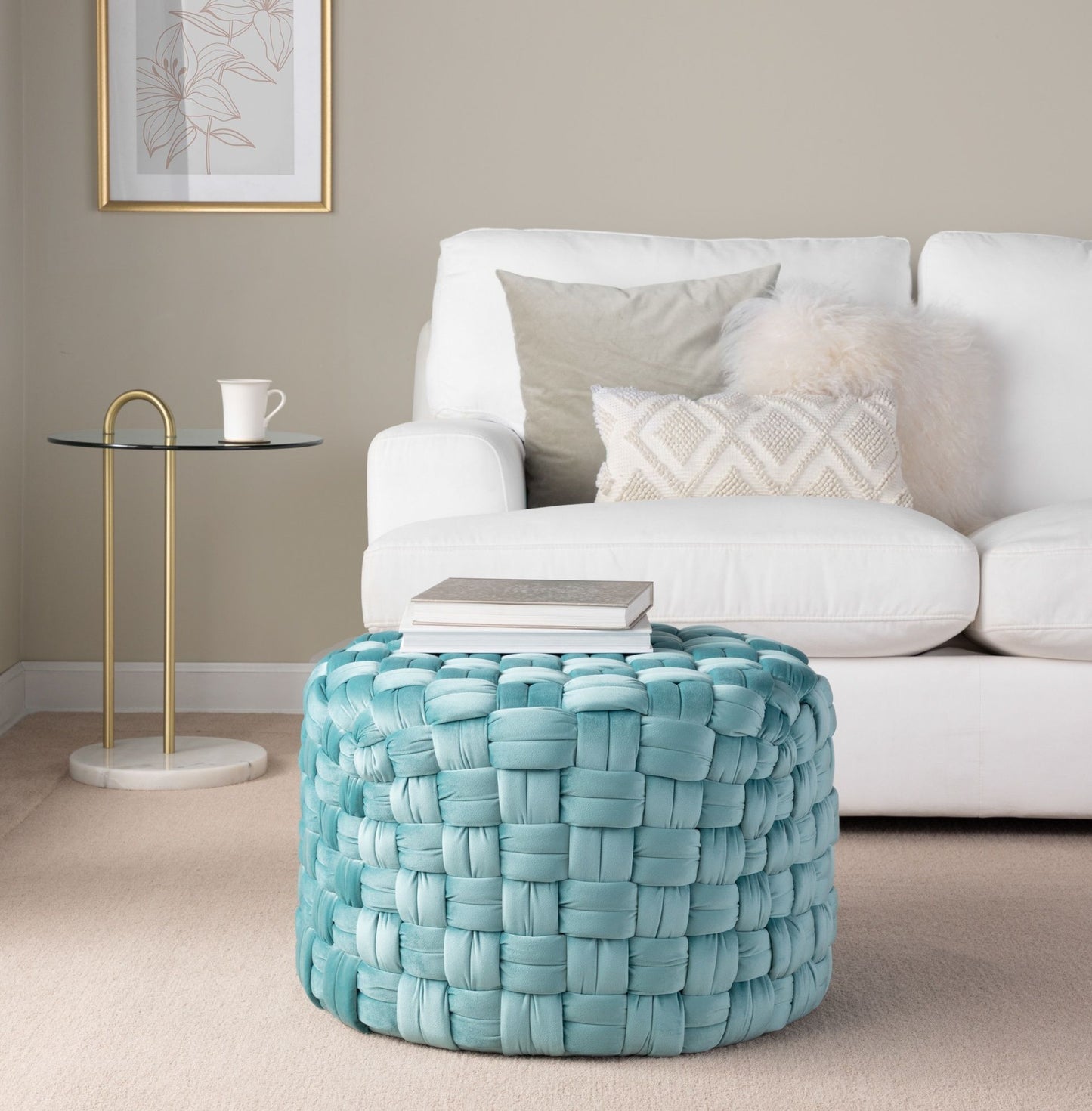 Braided - Round Ottoman - Ice Blue - Velvet
