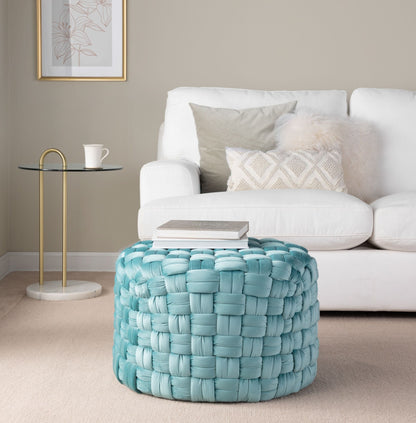 Braided - Round Ottoman - Ice Blue - Velvet