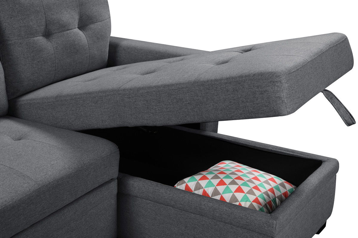 Ashlyn - Reversible Sleeper Sectional Sofa With Storage Chaise, USB Charging Ports nd Pocket - Dark Gray