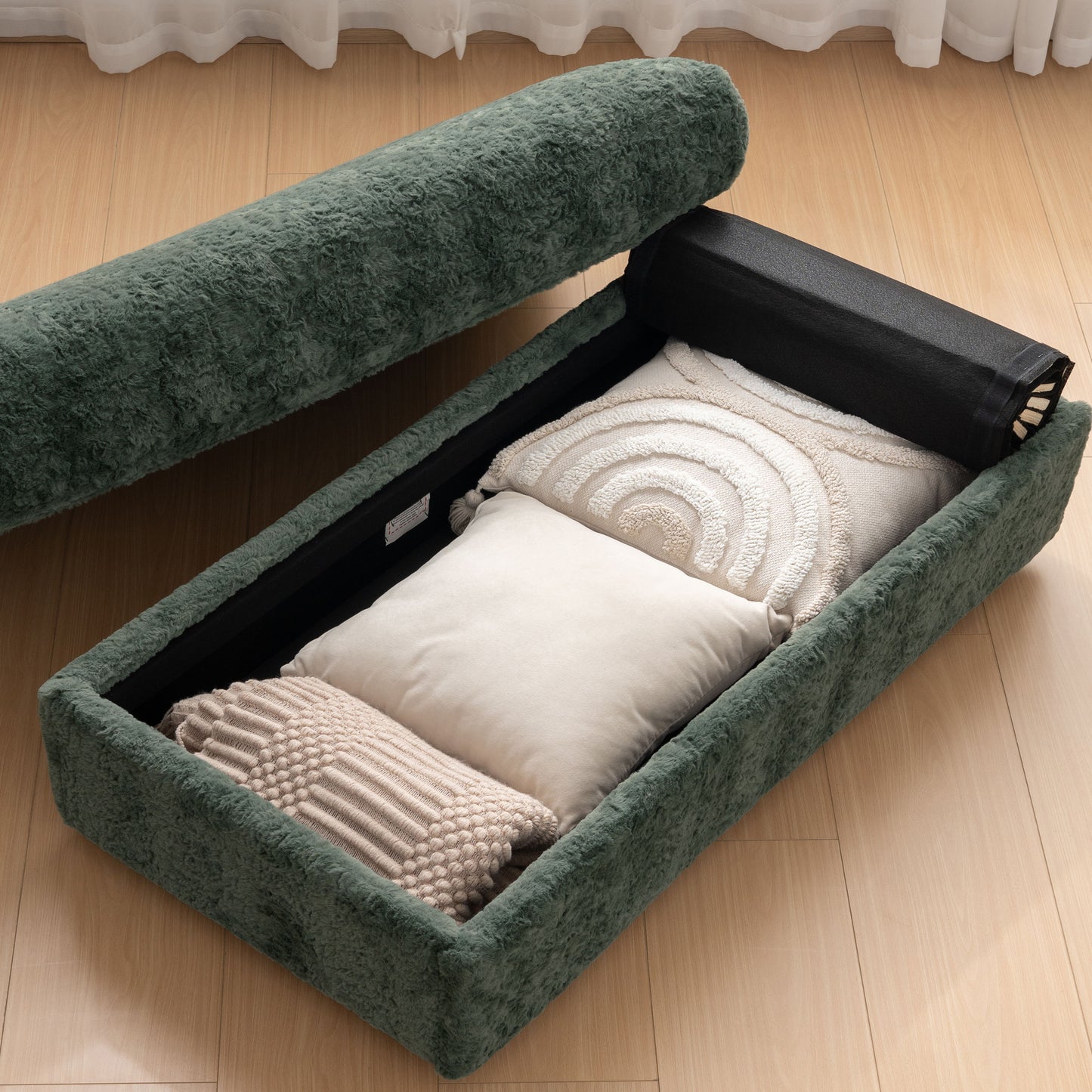 Oversized Chaise Lounge Indoor Rabbit Fur Sofa Bed With Storage Ottoman And Armrests Cup Holders With Deep Seat - Green