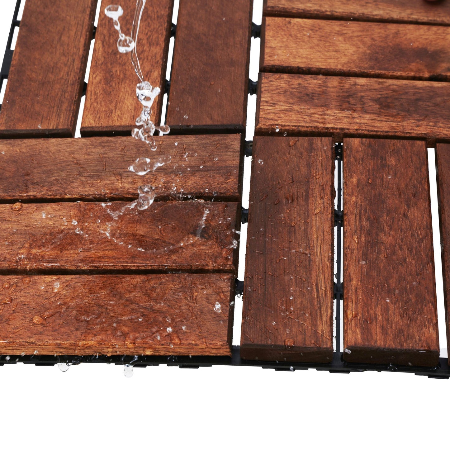 Acacia Wood Interlocking Deck Tiles Checker Pattern, 10 Piece Square Acacia Hardwood Outdoor Flooring For Patio, Bancony, Pool Side - Brown