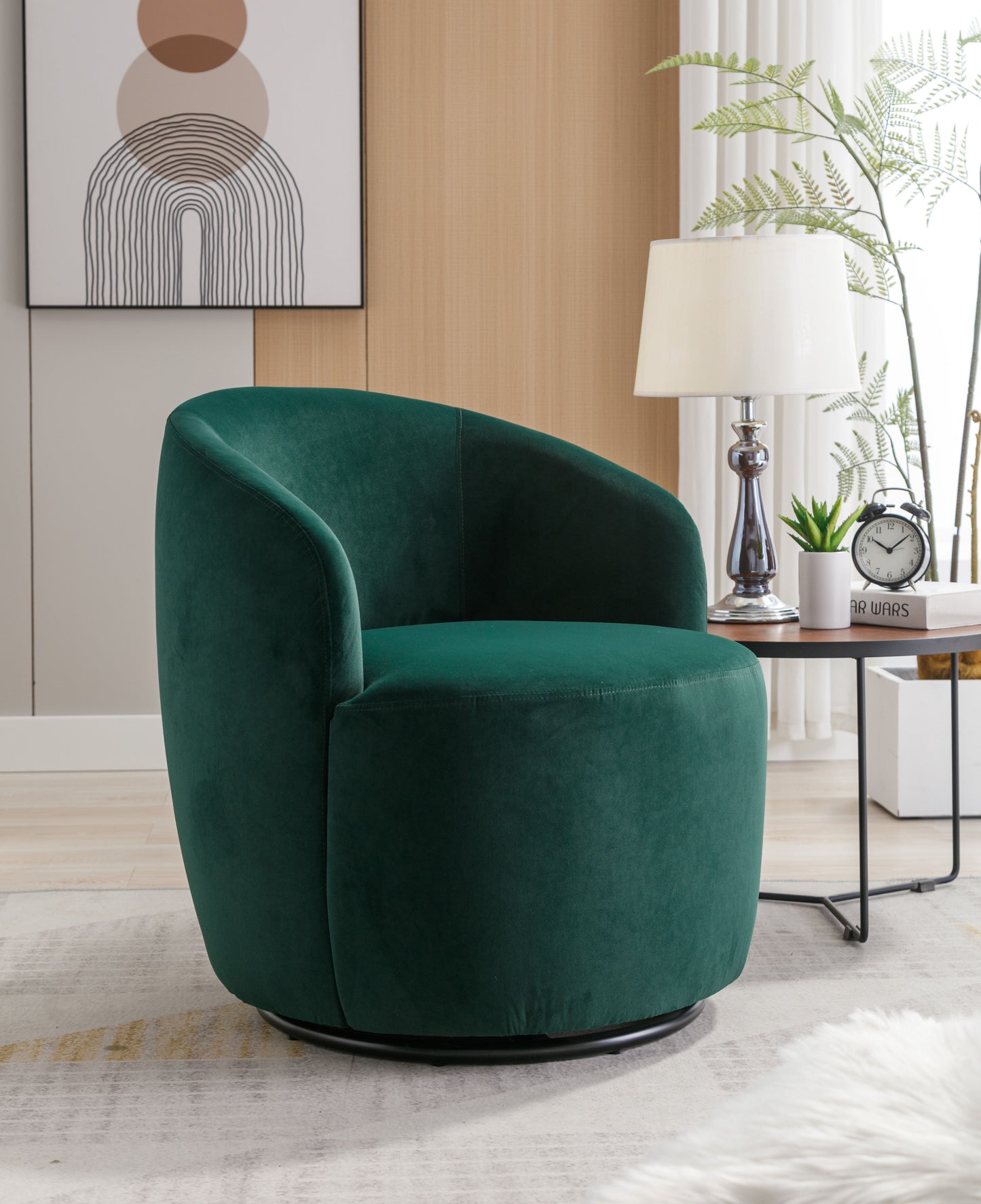 Velvet Fabric Swivel Accent Armchair Barrel Chair With Black Powder Coating Metal Ring - Green