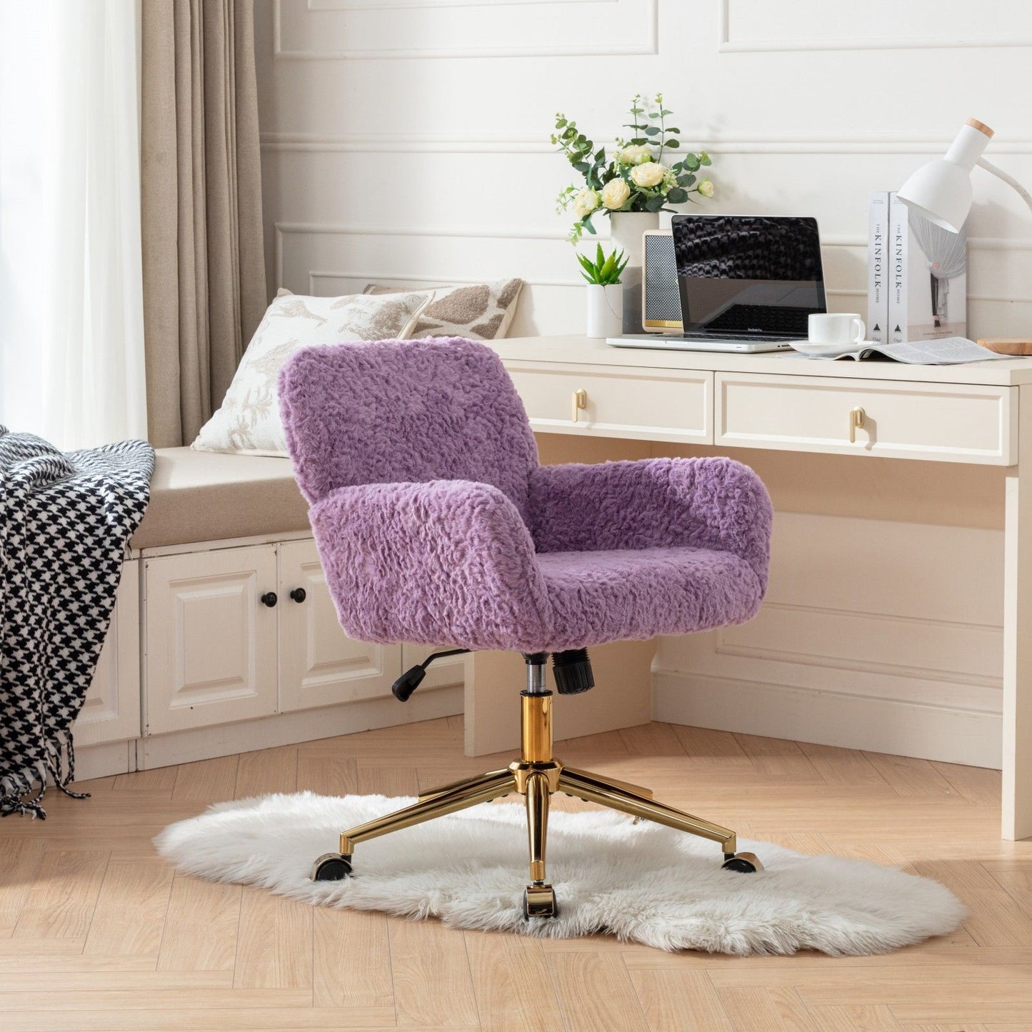 Office Chair, Artificial Rabbit Hair Home Office Chair With Golden Metal Base, Adjustable Desk Chair Swivel Office Chair, Vanity Chair - Violet