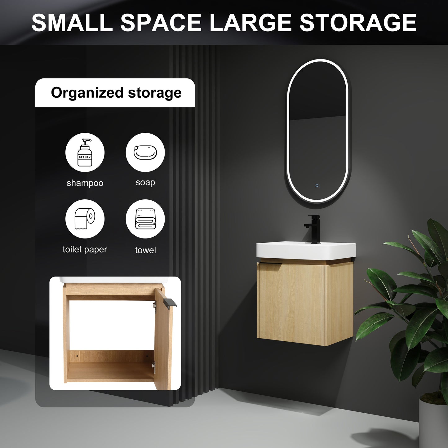 20" Wall Mounted Bathroom Vanity With Ceramic Sink And Storage Cabinet - Oak