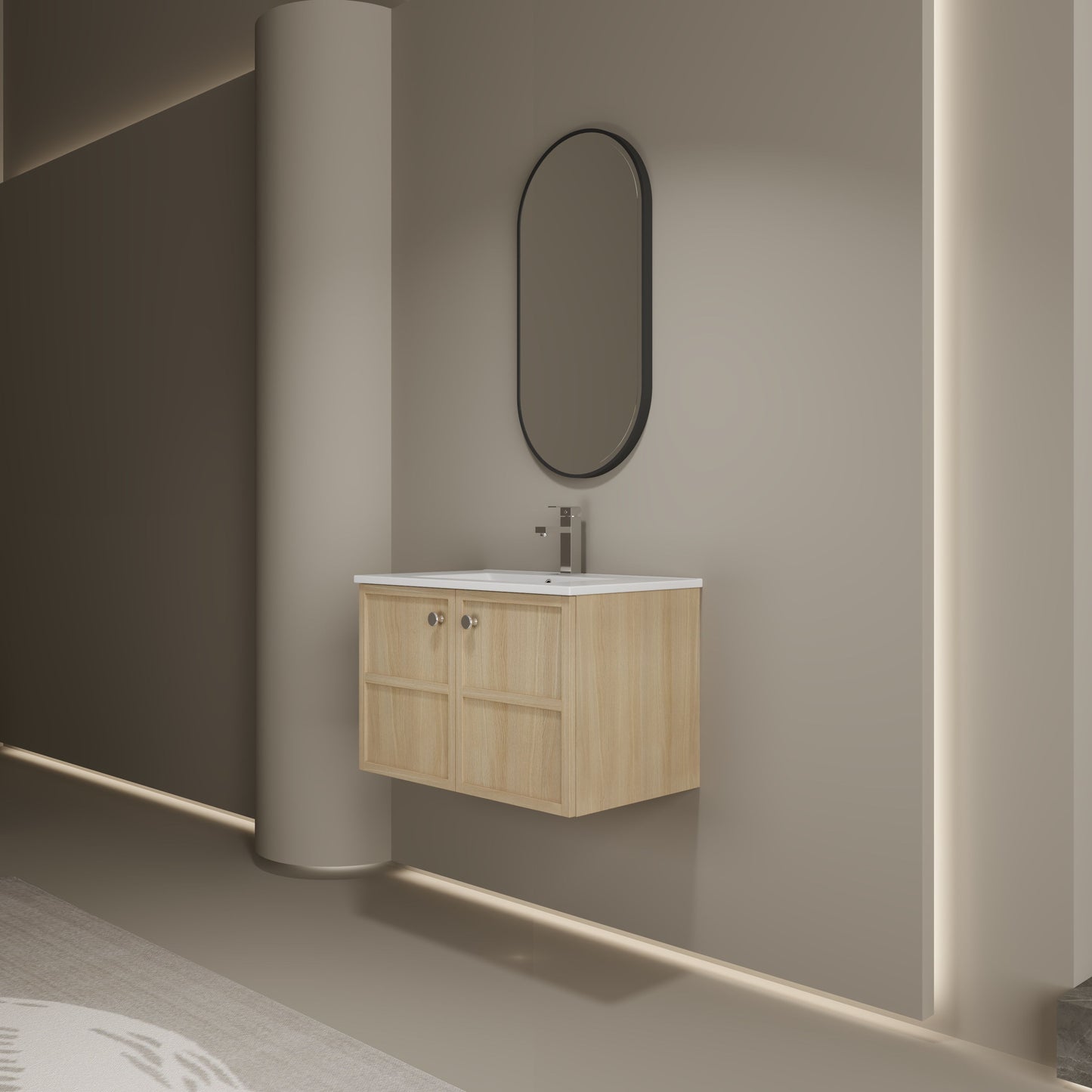 Modern Wall Mounted 30" Bathroom Vanity With Ceramic Sink And Soft Closing Doors - Oak