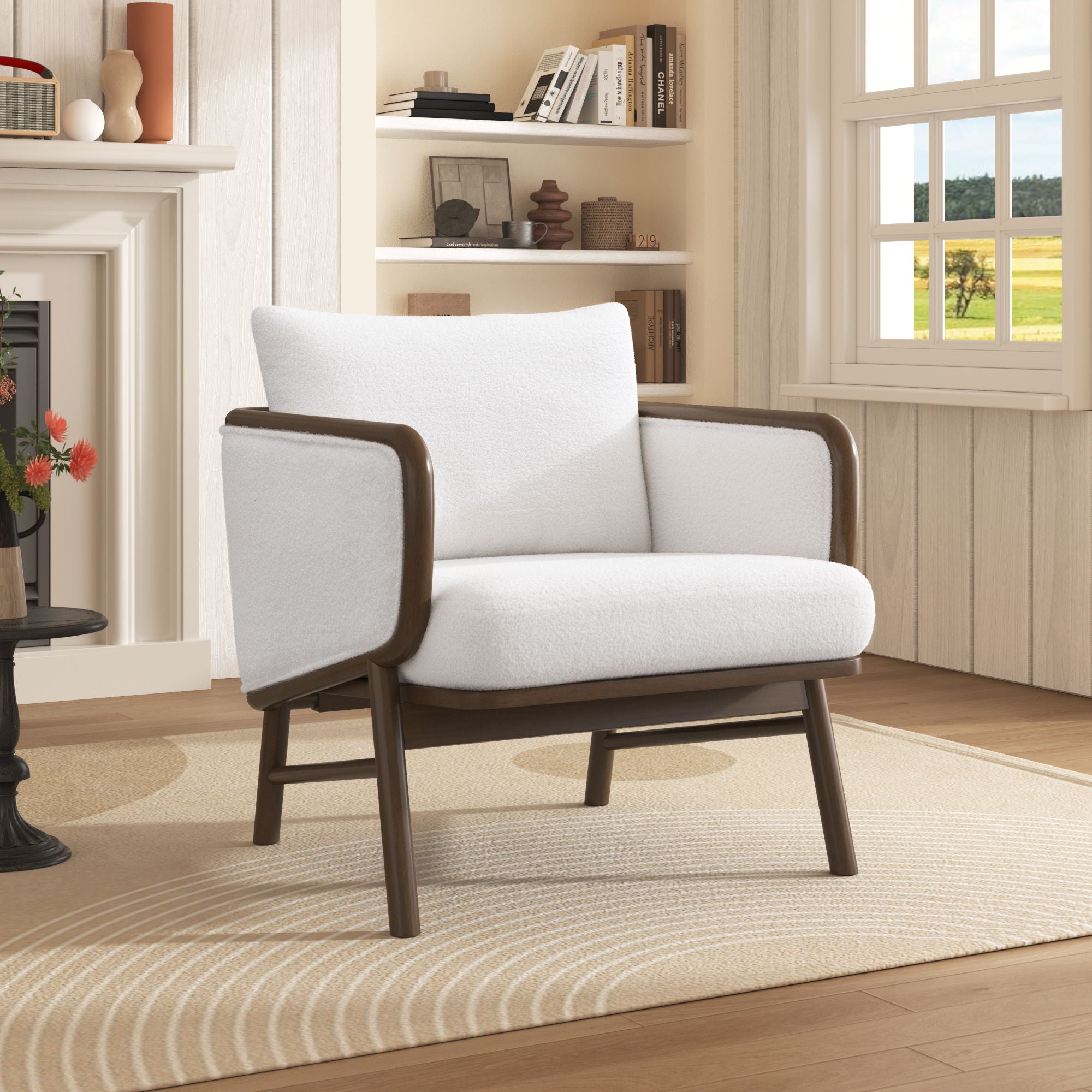 Sherpa Fabric Accent Chair, Upholstered Armchair With Solid Wood Frame, Comfortable Contemporary Lounge Chair For Living Room - White