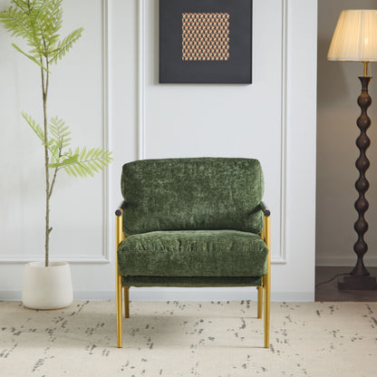 Modern Accent Chair With Plush Cushions, Minimalist Metal Frame, & Wooden Armrest Design - Gold / Green