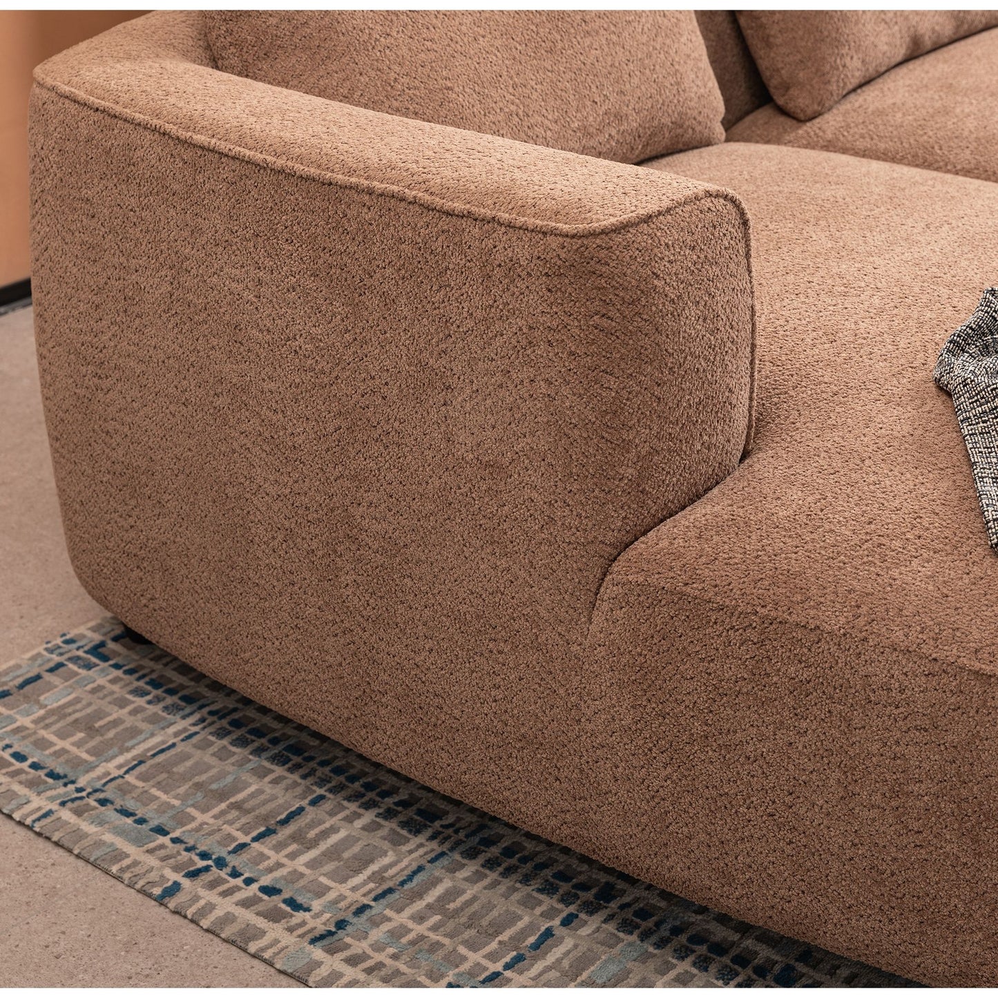 Mid - Century Modern Three Seater Sofa, Lamb Wool Fabric - Camel