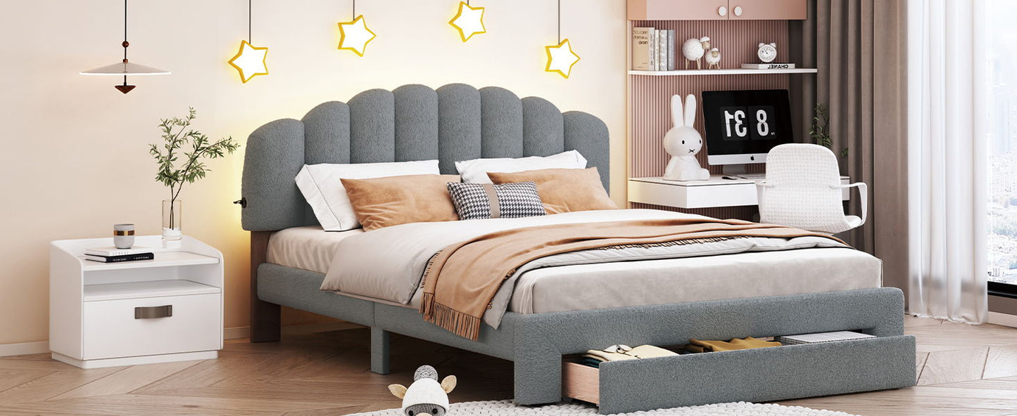 Queen Size Upholstered Platform Bed With Drawer - Gray