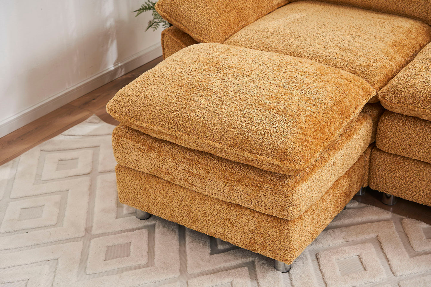 Modern Deep 3 Seat Sofa Couch With Ottoman, Polyester Sofa Sleeper Comfy Upholstered Furniture For Living Room - Yellow